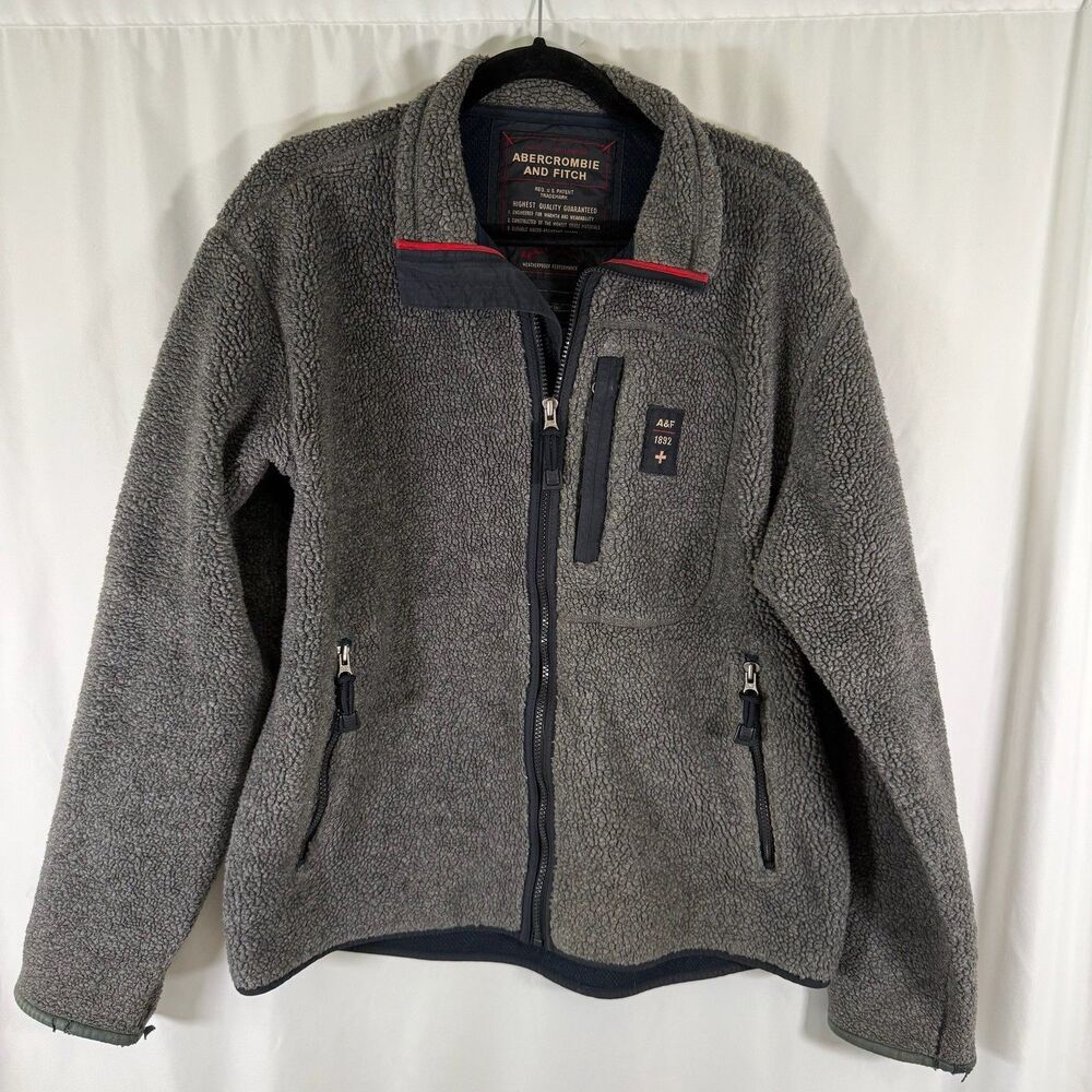 Vintage Abercrombie Fitch Jacket Men's Medium Grey Sherpa Zip Pockets Full Zip
